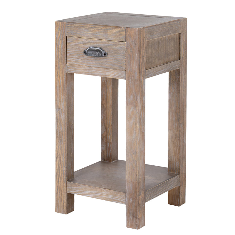 Haldon large weathered wood lamp table with drawer, front view