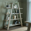 Apex bookcase styled with books and vases against a green wall