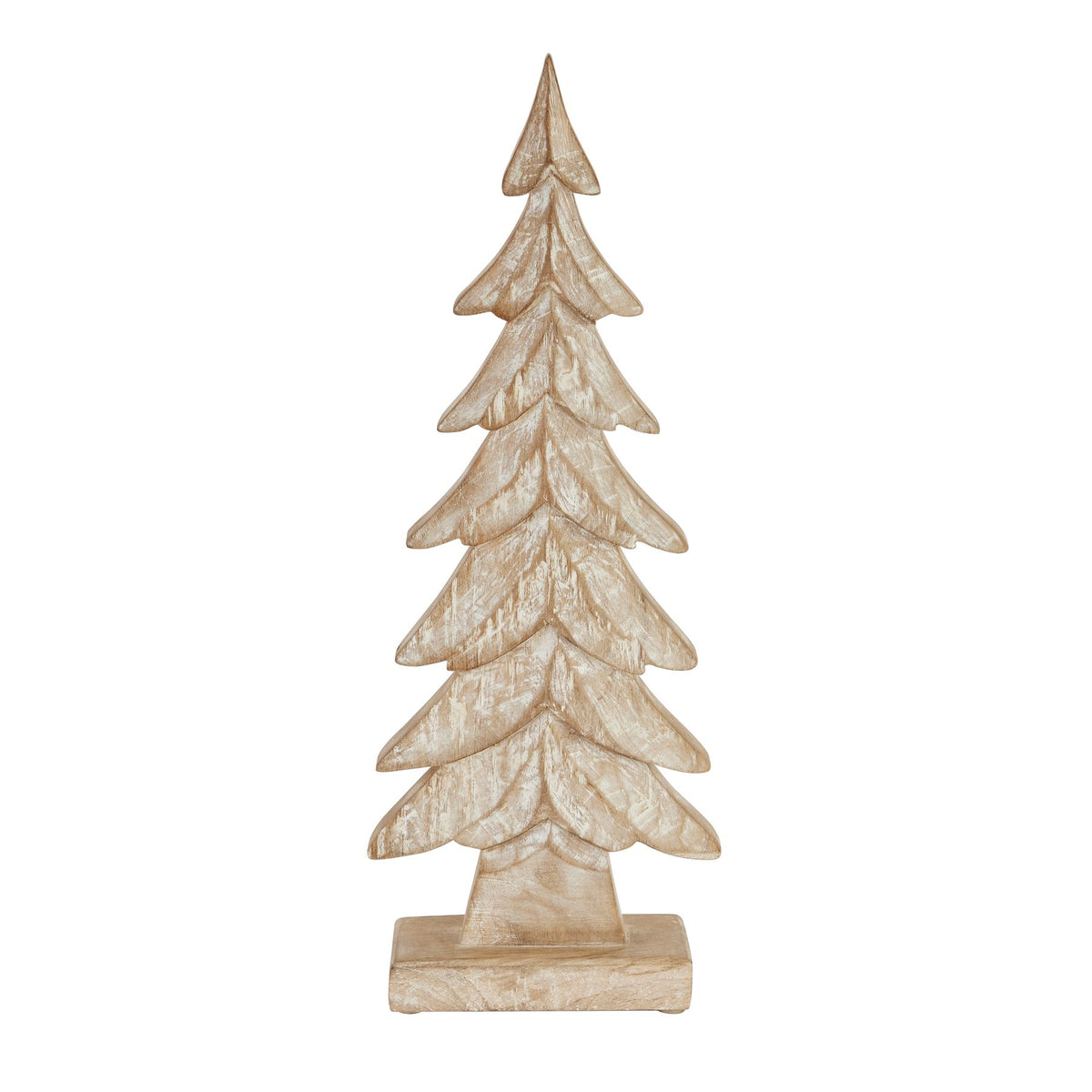 hand-carved whitewashed wooden Christmas tree on white
