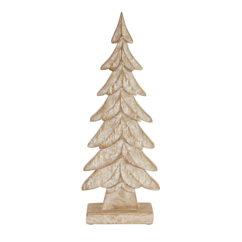hand-carved whitewashed wooden Christmas tree on white