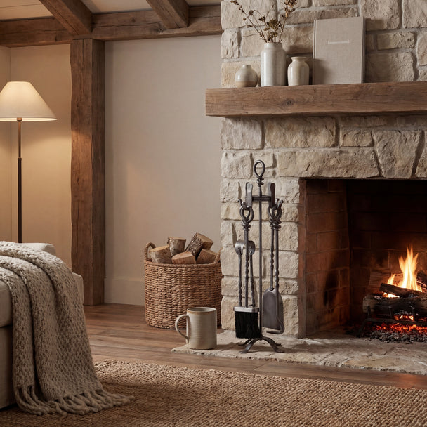 Loop-top companion set beside a lit fireplace