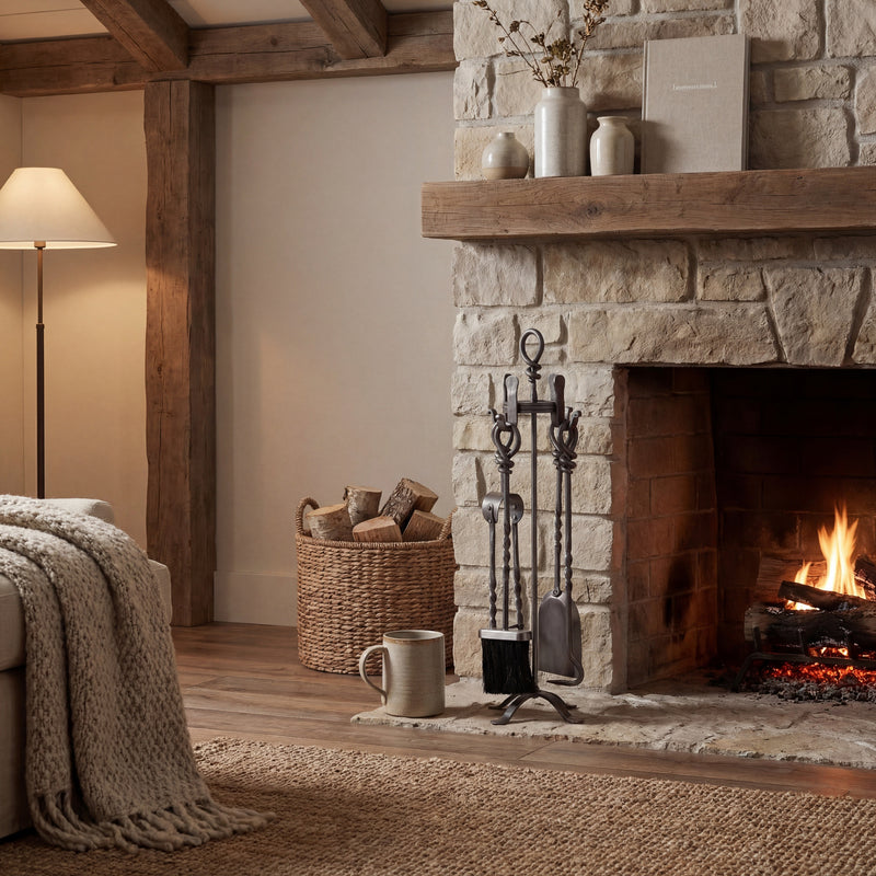 Loop-top companion set beside a lit fireplace