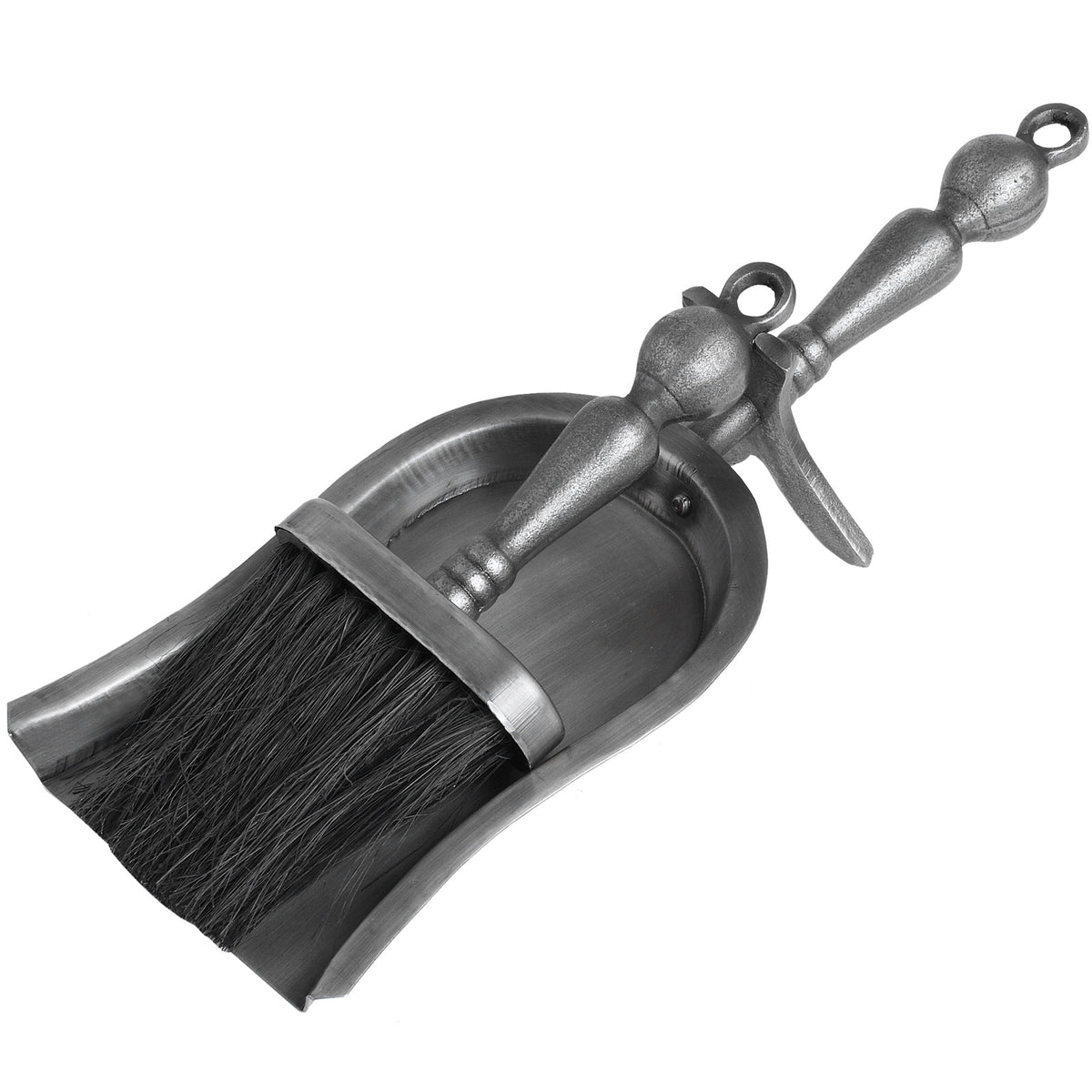 Antique pewter hearth tidy set with brush resting on the shovel