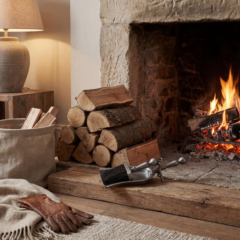 Hearth tidy set on a stone hearth beside a lit fire