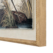 Close-up of the heron, linen panel and beaded frame