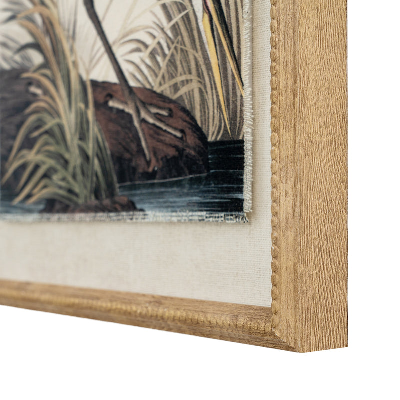 Close-up of the heron, linen panel and beaded frame