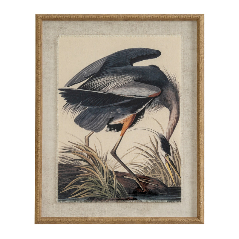 Heron print on linen in a beaded wood frame, front view