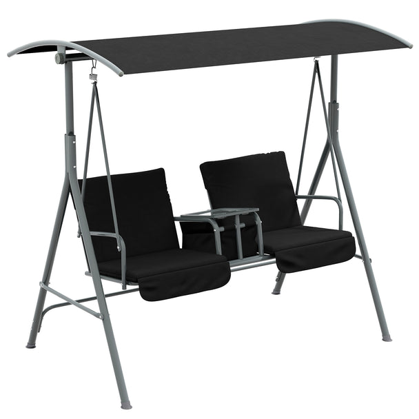 Black 2-seater garden swing seat with tilting canopy, middle table and padded seats