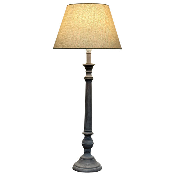 Leptis Magna Grey Wooden Table Lamp with Linen Shade – 72cm, illuminated product view