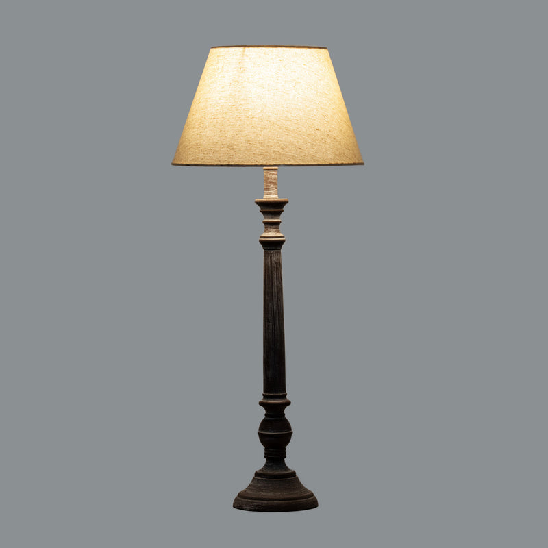 Leptis Magna Grey Wooden Table Lamp with Linen Shade – 72cm, illuminated view against a dark background