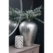 Hammered Silver-Effect Ceramic Vase – 38cm, styled with foliage on a cabinet