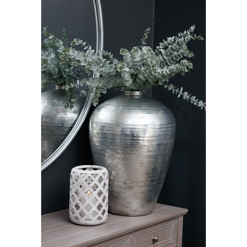 Hammered Silver-Effect Ceramic Vase – 38cm, styled with foliage on a cabinet