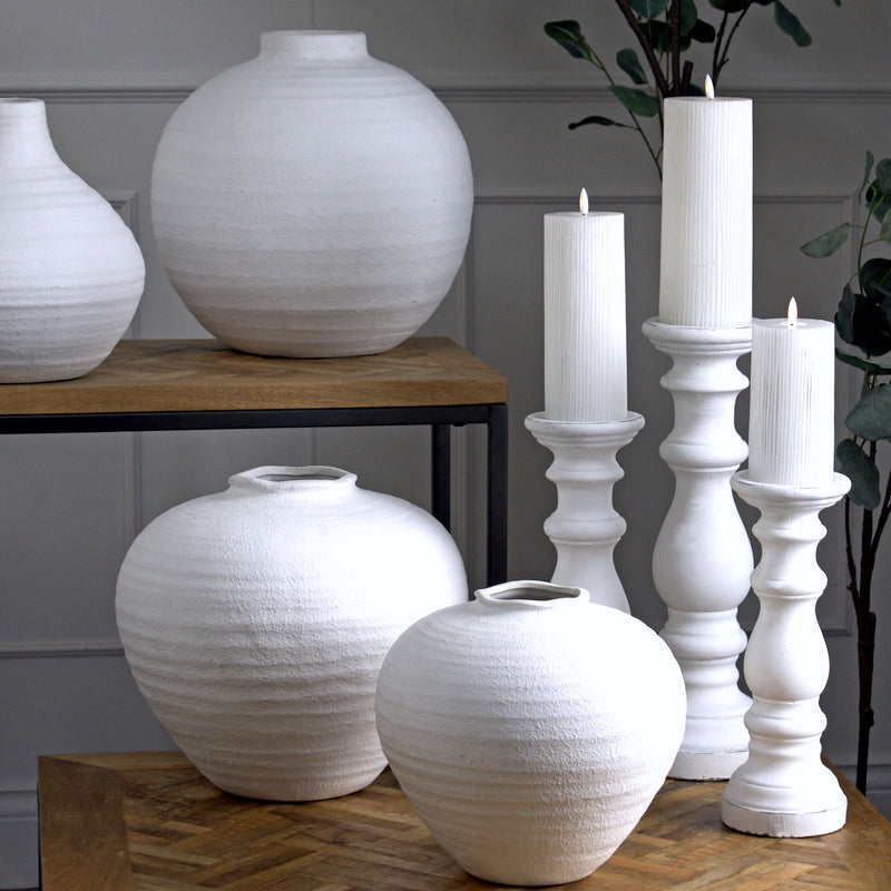 Matt White Ceramic Vase – 26cm, coordinating vases and candle holders shown together