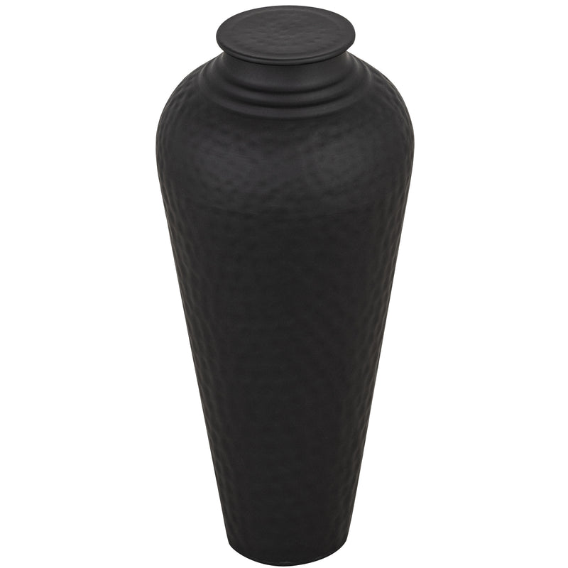 Matt Black Hammered Steel Vase with Lid – 41cm, removable lid detail