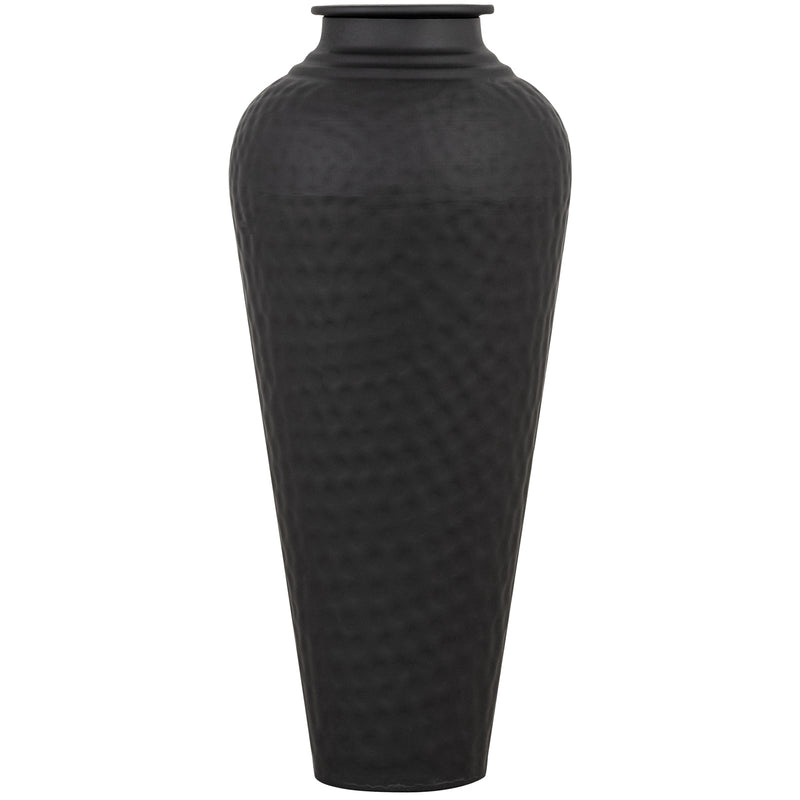 Matt Black Hammered Steel Vase with Lid – 41cm, single vase side view