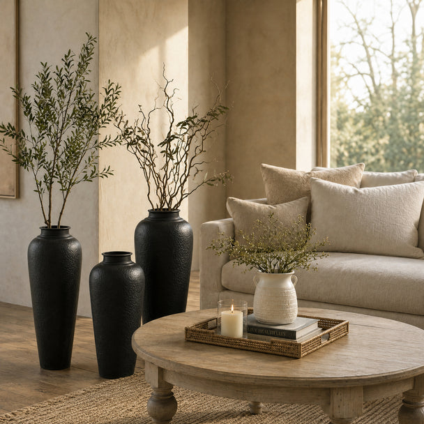 Tall Matt Black Hammered Floor Vase with Lid – 103cm, coordinating black vases in a living-room setting