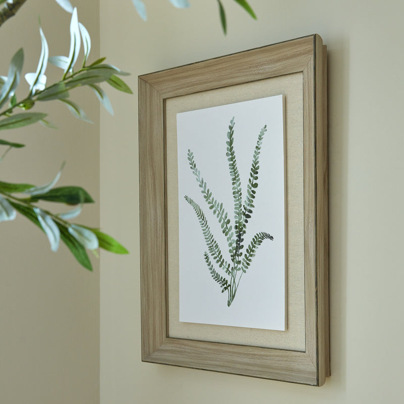 Delicate Fern Watercolour Print in Washed Wood Frame – 50 × 60cm, styled room view