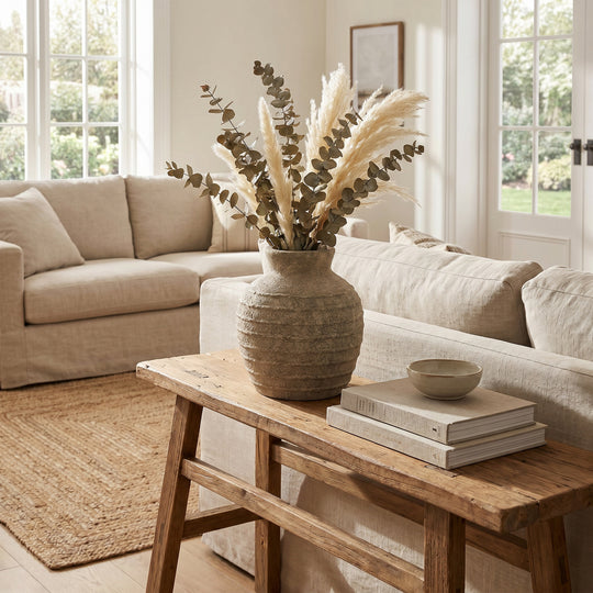 Large Tuscan Grey Ceramic Vase – 33cm, styled with dried stems in a living room