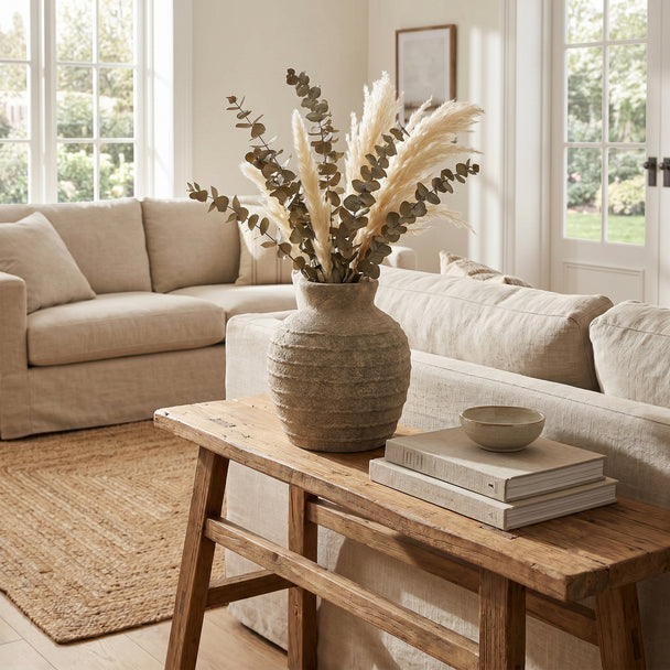 Large Tuscan Grey Ceramic Vase – 33cm, styled with dried stems in a living room
