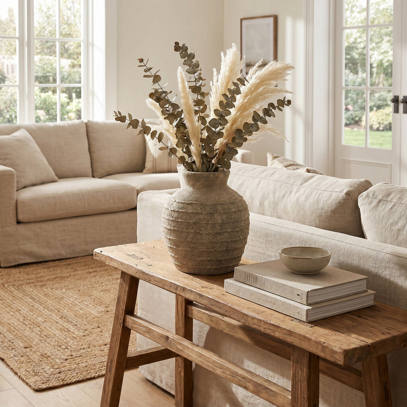 Large Tuscan Grey Ceramic Vase – 33cm, styled with dried stems in a living room