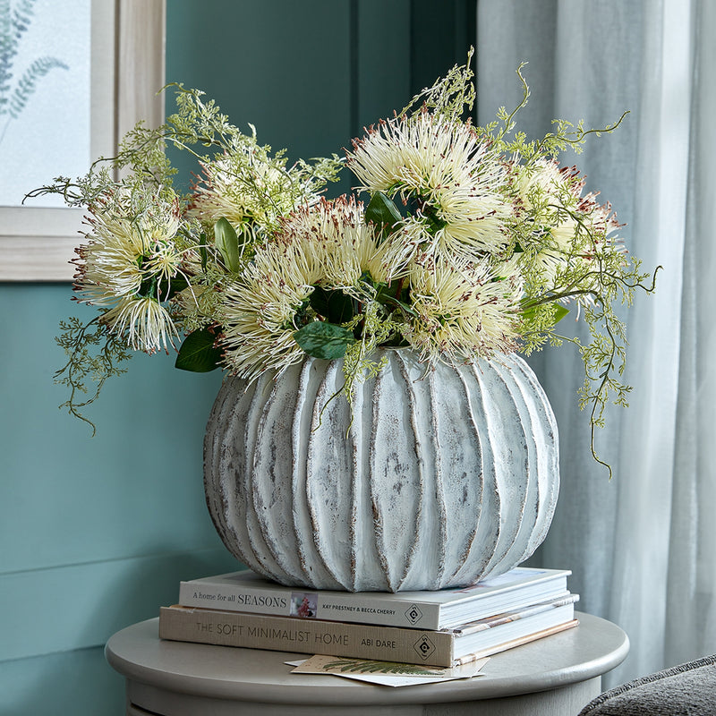 Rounded Fin-Textured Ceramic Vase – 20.5cm, styled with a floral arrangement