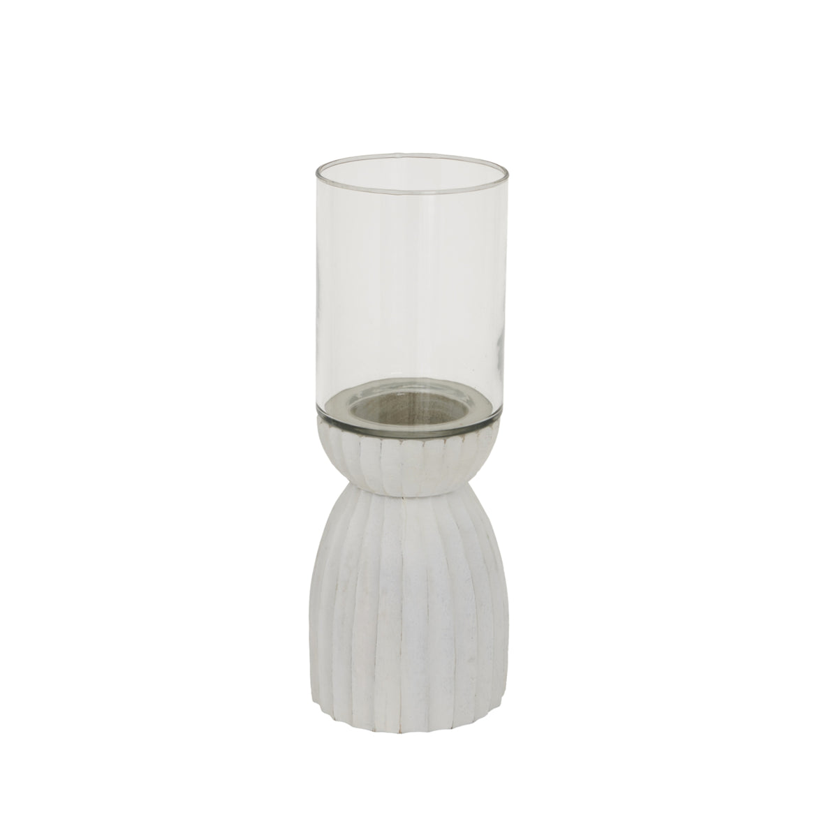 White Carved Wood & Glass Hurricane Lantern – 36cm, single wood-and-glass hurricane front view