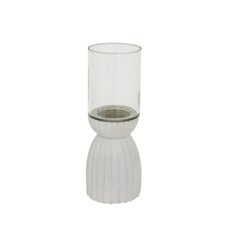 White Carved Wood & Glass Hurricane Lantern – 36cm, single wood-and-glass hurricane front view