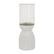 White Carved Wood & Glass Hurricane Lantern – 36cm, glass cylinder and carved base detail
