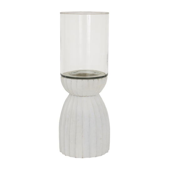 White Carved Wood & Glass Hurricane Lantern – 36cm, glass cylinder and carved base detail