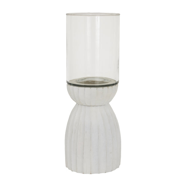 White Carved Wood & Glass Hurricane Lantern – 36cm, glass cylinder and carved base detail
