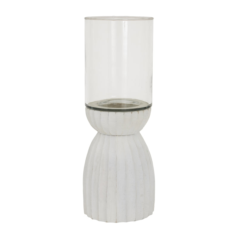White Carved Wood & Glass Hurricane Lantern – 36cm, glass cylinder and carved base detail