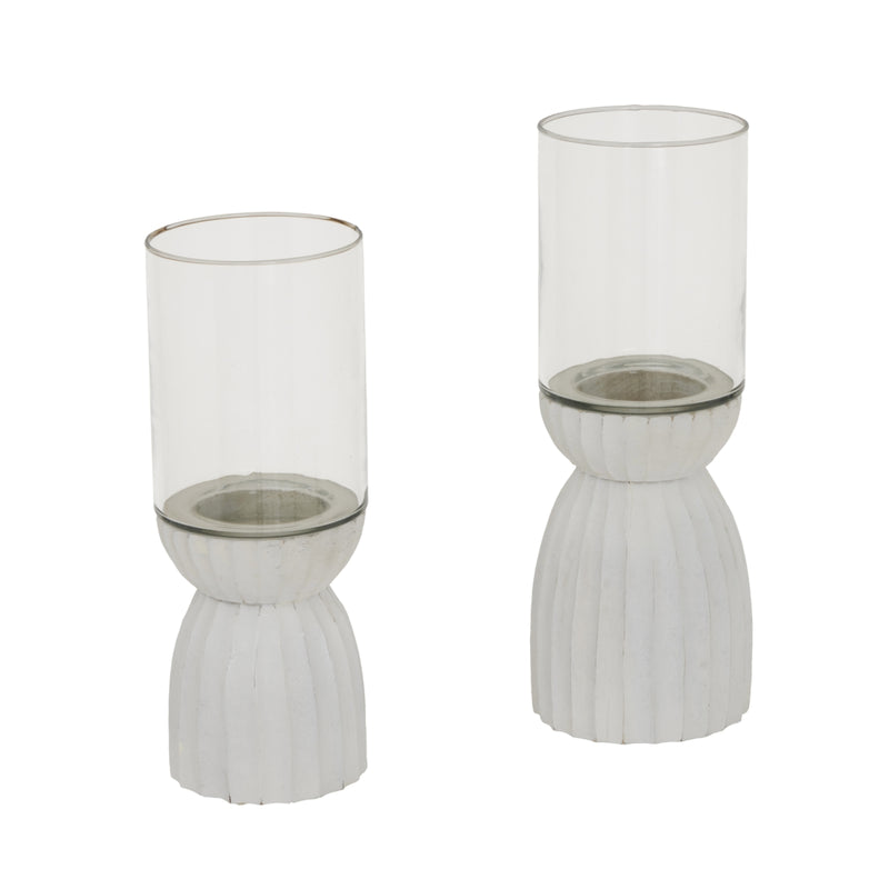 White Carved Wood & Glass Hurricane Lantern – 36cm, two coordinating sizes shown together