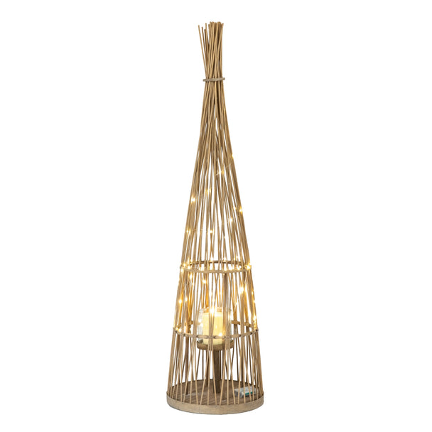 Tall Conical Wicker LED Lantern – 130cm, single tall conical lantern with LEDs illuminated
