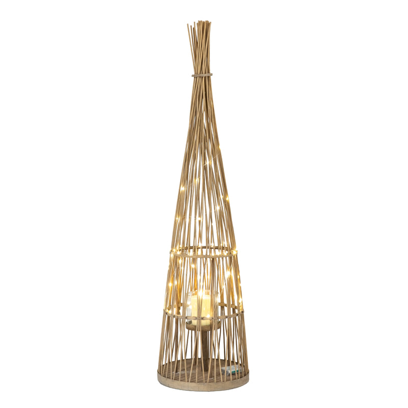 Tall Conical Wicker LED Lantern – 130cm, single tall conical lantern with LEDs illuminated