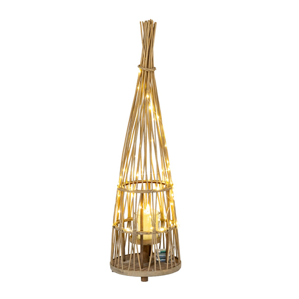Medium Conical Wicker LED Lantern – 110cm, single medium conical lantern with LEDs illuminated