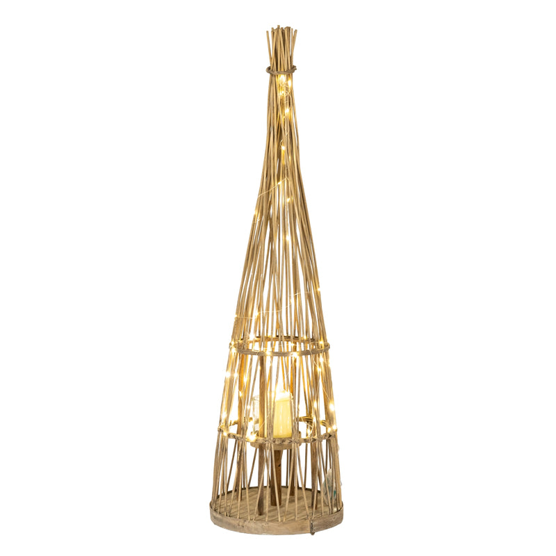 Conical Wicker LED Lantern – 90cm, single conical lantern with LEDs illuminated