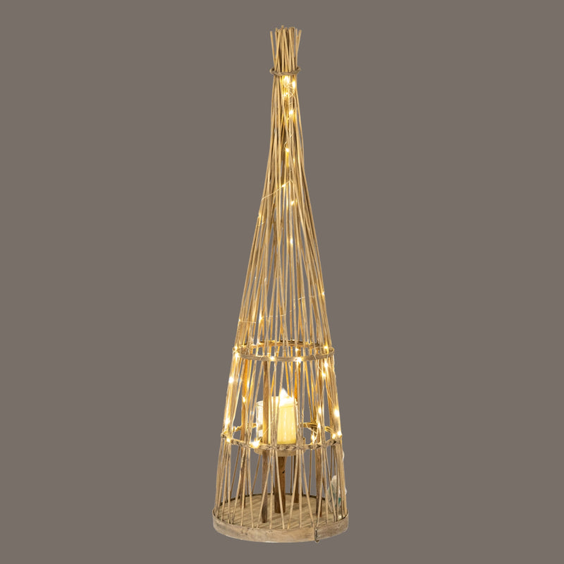 Conical Wicker LED Lantern – 90cm, illuminated lantern against a dark background