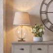 Lunel Glass Orb Table Lamp with Edged Linen Shade – 79cm, styled room view