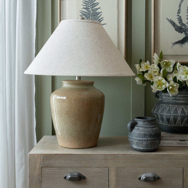 Mottura Green Ceramic Table Lamp with Edged Linen Shade – 66cm, styled room view