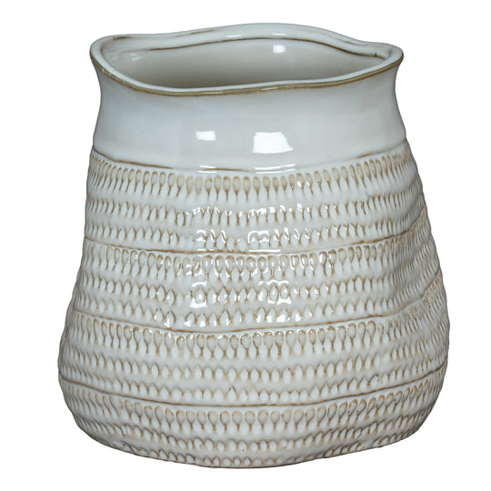 Wide Hewn-Texture White Ceramic Vase – 26cm, single vase front view