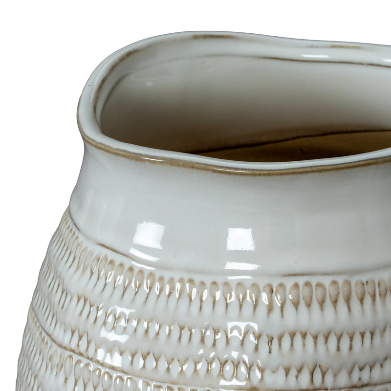 Wide Hewn-Texture White Ceramic Vase – 26cm, shaped opening and glazed rim detail