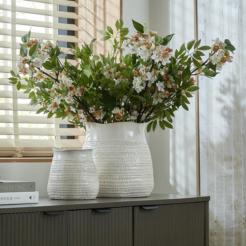 Wide Hewn-Texture White Ceramic Vase – 26cm, styled with flowers beside a window