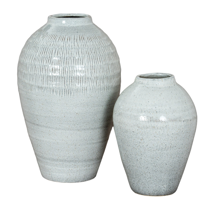 Large White Olpe Ceramic Vase – 44cm, large and medium vases shown together