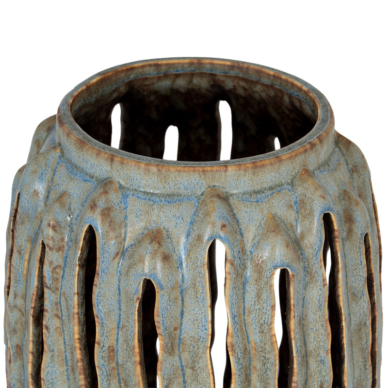 Grey Ceramic Lantern Candle Holder – 27cm, open rim and vertical cut-outs detail
