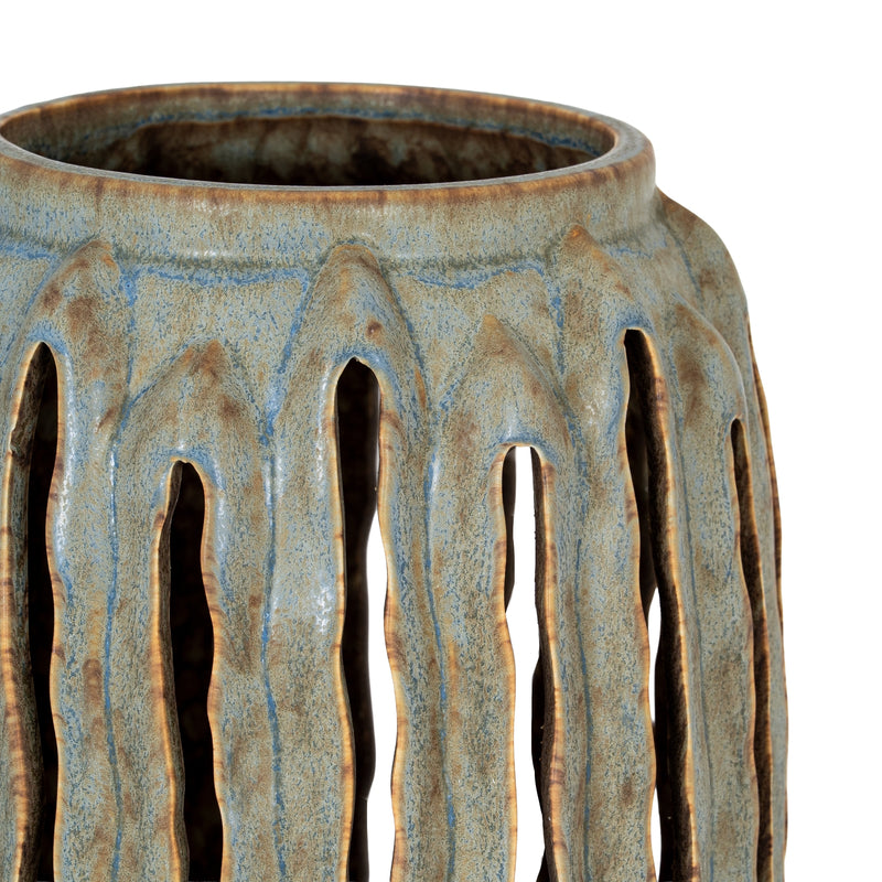 Grey Ceramic Lantern Candle Holder – 27cm, mottled glaze and pierced ceramic detail