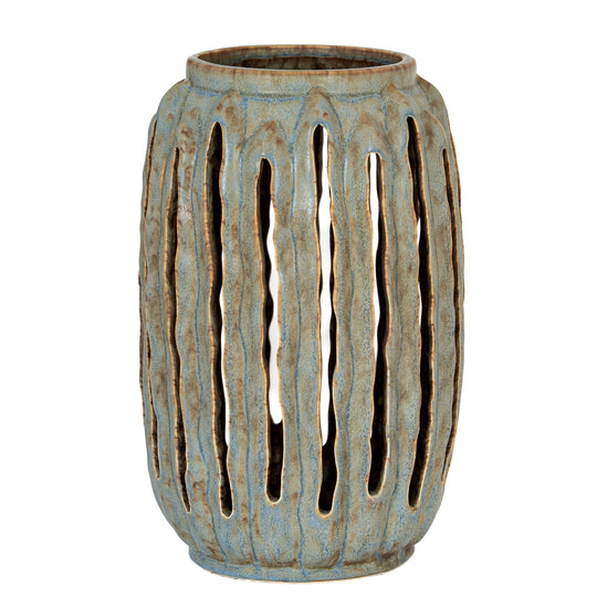 Tall Grey Ceramic Lantern Candle Holder – 32cm, single tall ceramic lantern front view