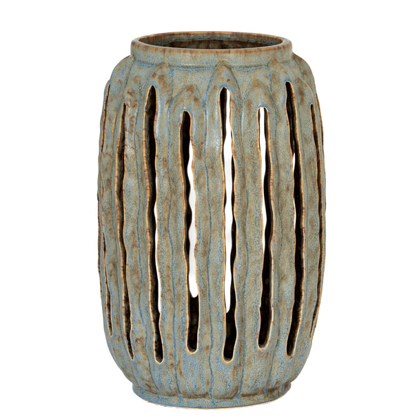Tall Grey Ceramic Lantern Candle Holder – 32cm, single tall ceramic lantern front view