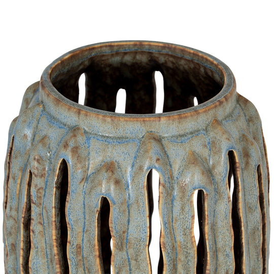 Tall Grey Ceramic Lantern Candle Holder – 32cm, open rim and vertical cut-outs detail