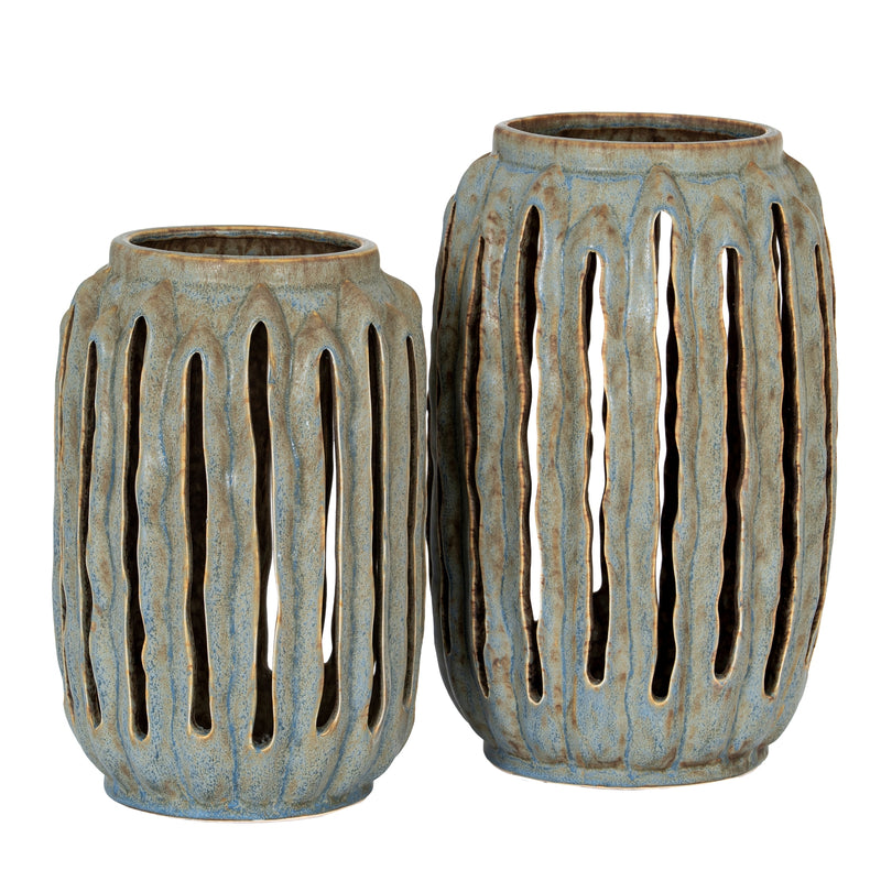Tall Grey Ceramic Lantern Candle Holder – 32cm, two coordinating lantern sizes shown together