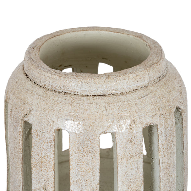 Wide White Ceramic Pillar Candle Holder – 24cm, open rim and rectangular cut-outs detail